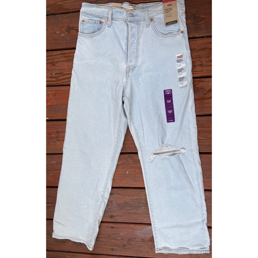 Levi's Ribcage Straight Ankle Womens 31x27 Light Wash Blue Denim Distressed NWT